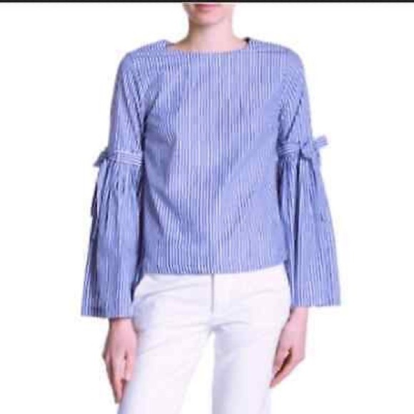 CATHERINE MALANDRINO Blue and white stripe bell sleeve blouse‎ size S. - Picture 1 of 13
